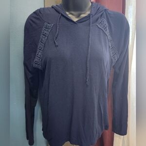 Purple Snow Navy Blue Hooded Lace-Trim Top